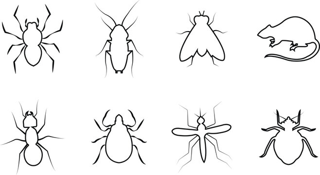Pest control vector set collection group with insect rodent prohibition icons, bug mosquito rat cockroach symbol, no pest sign silhouette outline isolated design on transparent background.