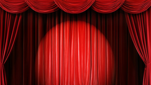 Luxurious red velvet theater curtains with spotlight, isolated on transparent background