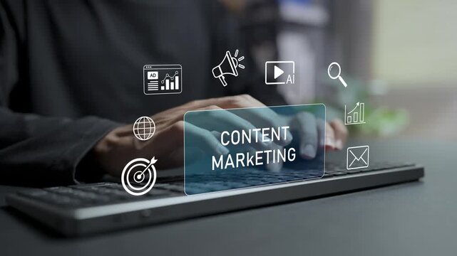 Digital content marketing strategy concept. Person typing keyboard with social media and analytics icons, brand communication, content distribution and marketing performance.