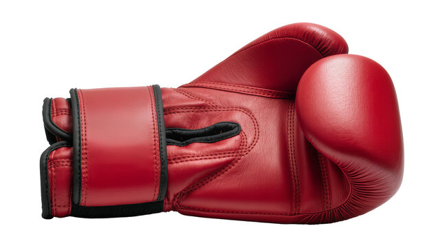 Red leather boxing glove with black stitching, isolated on transparent background