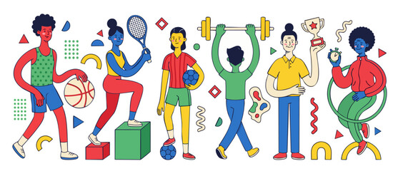Fototapeta premium Sports athletes fitness flat illustration of diverse people training with basketball, soccer ball, tennis racket, and barbell weights. Colorful geometric Memphis style active lifestyle vector graphic.