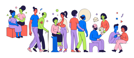 Fototapeta premium Elderly care illustration volunteer support helping seniors. Modern flat vector graphic of diverse social workers assisting older people with walking, rehabilitation, daily activities, companionship.