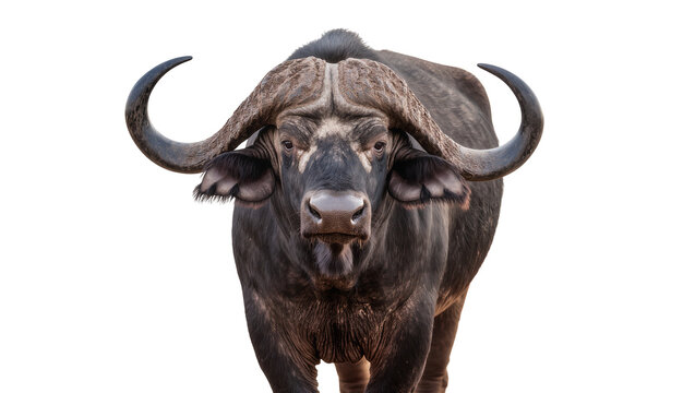 African buffalo with large curved horns, isolated on transparent background