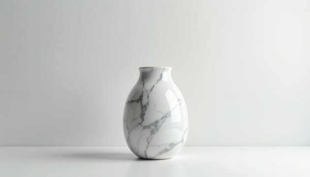 Elegant ovular marble vase with gray veining stands on white surface. Minimalist object with smooth finish, simple clean backdrop. Luxury home decor item.