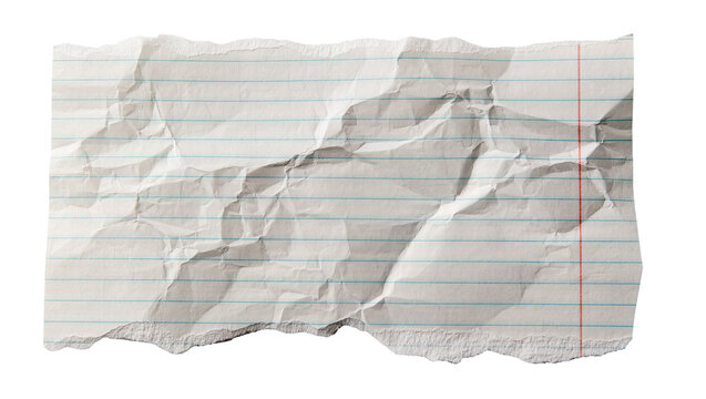Crumbled lined notebook paper with red margin line, isolated on transparent background