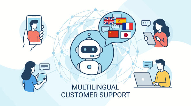 Diverse people utilizing multilingual customer support with an AI chatbot facilitating global communication and assistance in a digital network setting.