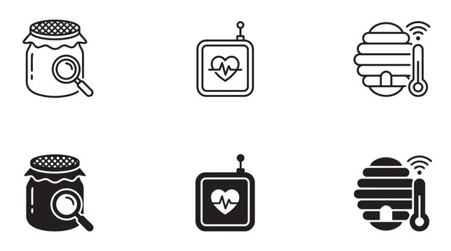 Honey jar inspection heart rate monitor smart beehive monitoring icons set with magnifying, thermometer