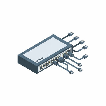 Network switch with multiple Ethernet cables connected.