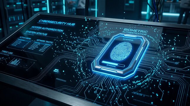 glowing blue fingerprint scan on futuristic digital interface. biometric authentication and cybersecurity hub concept with circuit board patterns in dark server room. banner, website header.