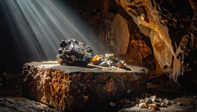 A large chunk of unrefined ore with visible metallic veins sits on a rough surface illuminated by light shafts in a dark mine.