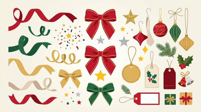 A premium collection of clean, modern festive holiday design assets and Christmas decorative elements set against a warm cream background, featuring elegant satin ribbons, gift bows, hanging ornaments