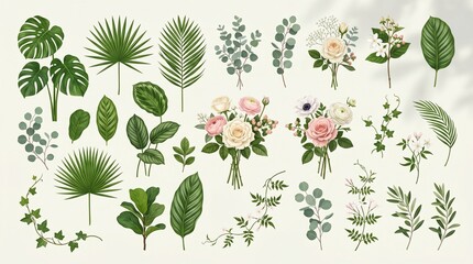 Fototapeta premium A premium collection of elegant, detailed botanical vector illustrations set against a soft off-white background with delicate shadow overlays, featuring tropical palm leaves, monstera foliage, eucaly