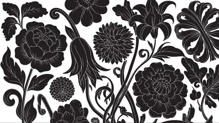Vintage Arts and Crafts Seamless Floral Pattern Black and White Botanical Vector Background © RASNA
