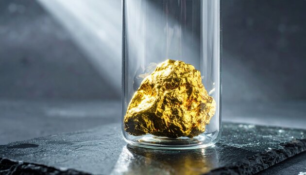 A large, rough textured gold nugget gleaming brightly inside a clear glass laboratory vial