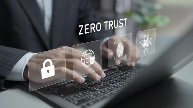 Zero trust cybersecurity concept. Person using laptop with network security and authentication icons, secure access control, identity verification and data protection.
