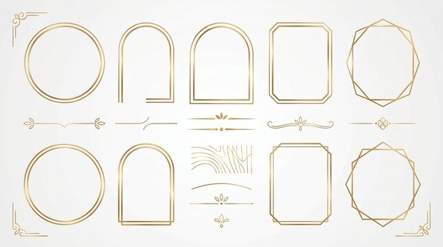 A premium collection of elegant, minimalist golden frames and decorative geometric line ornaments set against a clean off-white background, featuring thin double-lined borders in circular, arched, rec