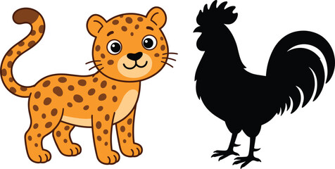 Fototapeta premium Cute Cartoon Spotted Leopard Character and Black Rooster Silhouette Vector Set for Children Educational Books Nature Illustrations and Shadow Matching Games