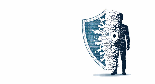 Abstract digital security concept featuring a human silhouette integrating with a cyber shield, representing data protection, privacy, and online safety.