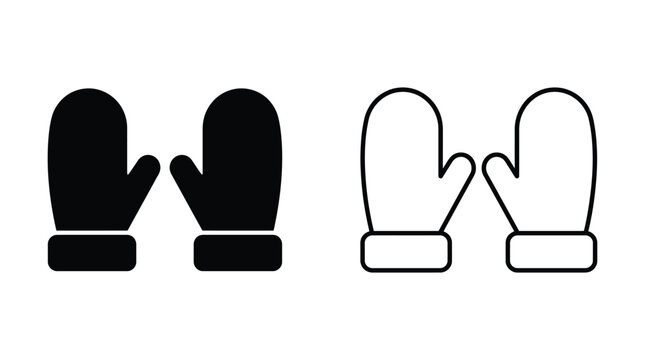 Winter mittens black and white line art icon set