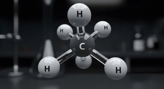 Methane molecule model with carbon and hydrogen atoms in laboratory setting