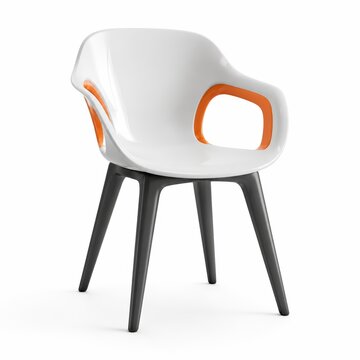 Modern white plastic armchair with orange accents and dark legs