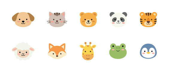 Obraz premium Cute animal faces vector illustration set with dog, cat, bear, panda, tiger, sheep, fox, giraffe, frog, and penguin