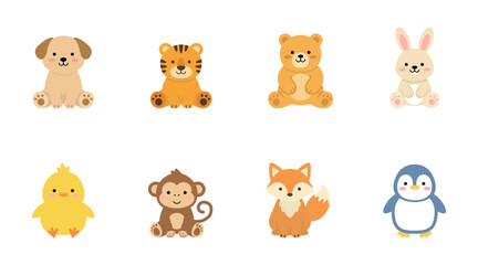 Obraz premium Cute full body animal characters vector illustration set with dog, tiger, bear, rabbit, chick, monkey, fox, and penguin