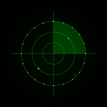 Green digital tactical radar display screen showing circular scanning sweep and target blips on illustration