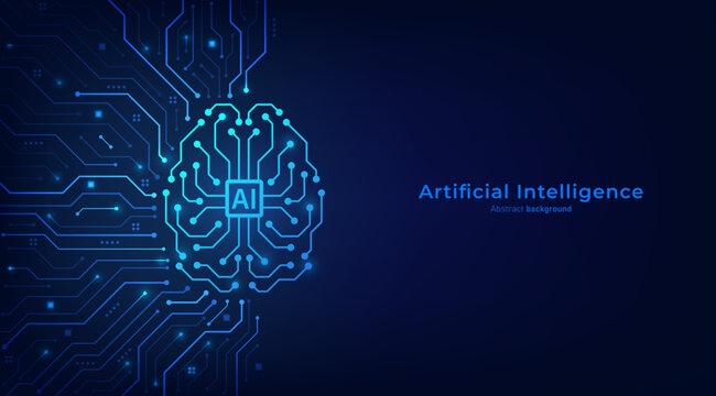Glowing digital brain graphic made of circuit board lines representing modern artificial intelligence technology network concept