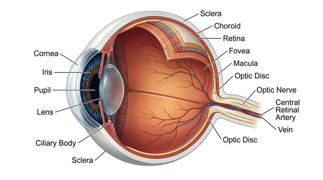 The human eye structure consists of cornea, pupil, lens, retina, and optic nerve in a detailed anatomical illustration.