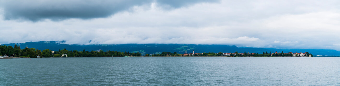 Germany, XXL panorama of foggy rainy Lake Constance and Lindau old town island