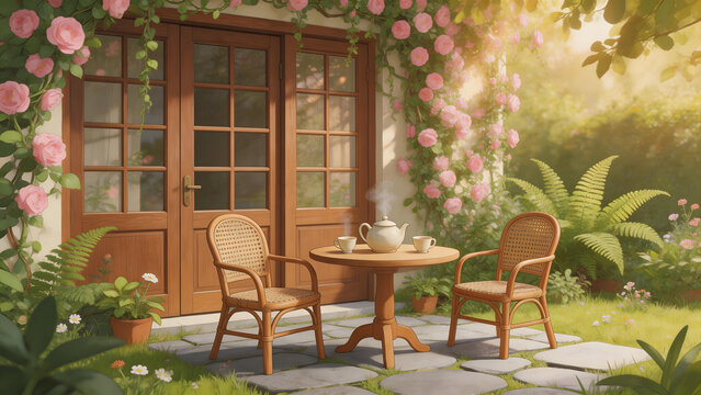 Garden patio with tea set and flowers