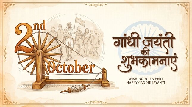 Gandhi Jayanti 2nd October Greeting Banner with Charkha and Dandi March Illustration