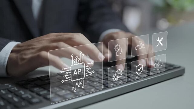 API application programming interface concept. Person typing keyboard with software integration and data connection icons, system communication, digital development and cloud technology.