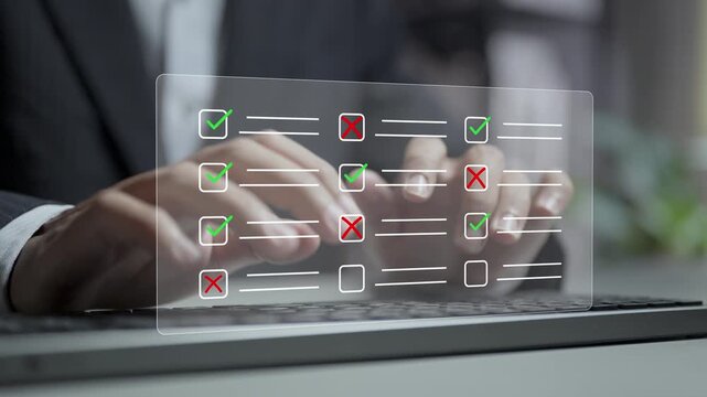 Digital checklist management concept. Person typing keyboard with checklist and approval icons, task tracking, workflow control and operational efficiency.