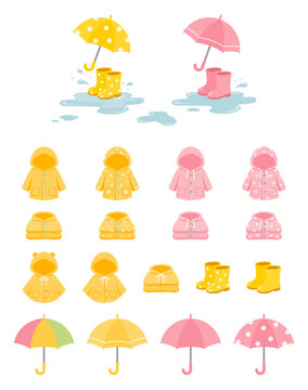 Kids rain gear vector illustration set with yellow and pink raincoats, folded rain jacket, rain boots, umbrella, and water puddle