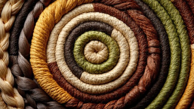 Coiled basket texture, sweetgrass and thread, spiral handmade pattern, african craft style background, natural colors 