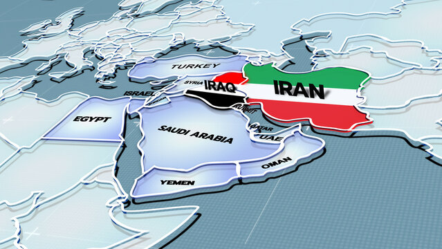 a stylized 3D map highlighting IRAN, Middle East, Iran map, Flag of Iran, Iran Flag, IRAQ map, IRAQ flag,