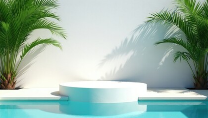 Obraz premium Minimalist white podium beside clear blue pool water and lush green palm trees. Sunlight casts leaf shadows on white wall, creating serene tropical ambiance. Ideal for summer product display.
