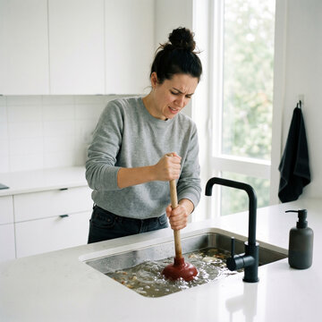 Irritated young woman using plunger to fix blocked kitchen sink, frustrated female cleaning clogged drain, plumbing problem and home maintenance concept, minimalism