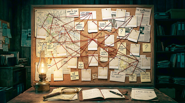 Detective investigation board with red string connecting clues, vintage lantern on dark wooden desk for mystery concept. ai generated