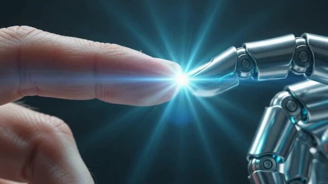 Human finger making contact with a metallic robot finger, symbolizing the connection between humanity and artificial intelligence with a glowing blue light.