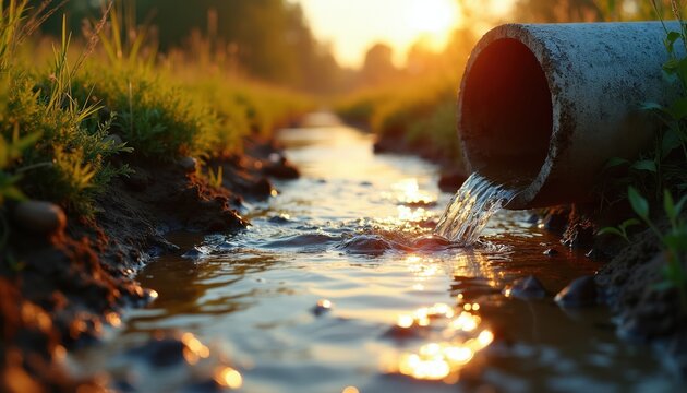Water flows from concrete pipe into rural stream. Sunlight reflects on moving water surface near green grass. Farm runoff creates pollution in nature waterway.