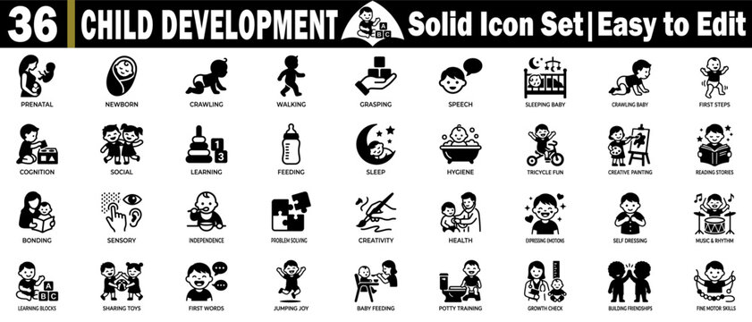 Child development solid icon set. Prenatal newborn crawling, walking, grasping, speech, sleeping baby, crawling baby, first steps.