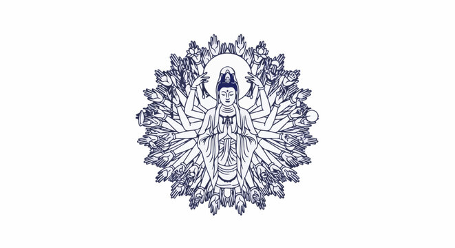 Intricate radial design features a central figure with multiple arms, surrounded by many hands