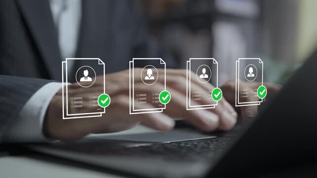 Selective new career recruitment concept. Person using laptop with recruitment and candidate selection icons, talent acquisition, hiring process and workforce management.