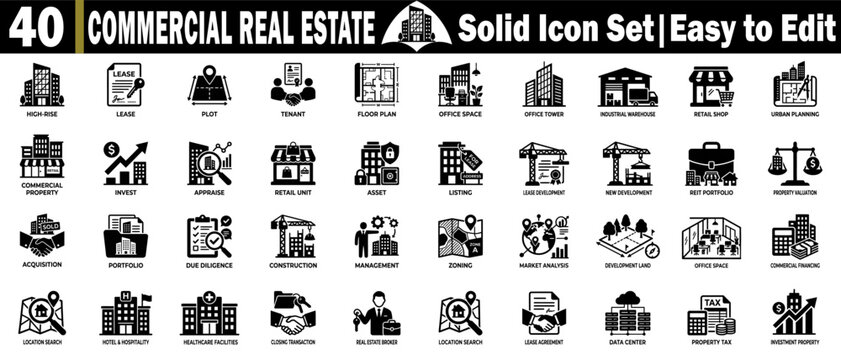 Commercial real estate solid icon set. Easy to edit high-rise lease plot, tenant floor plan, office space, office tower.