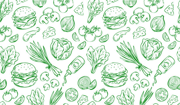 Green line drawing pattern of fast food ingredients, pattern background.