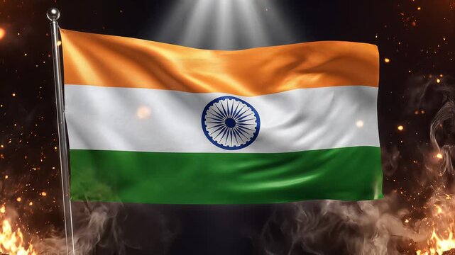 Indian National Flag Waving in Wind Against Dramatic Fire Background