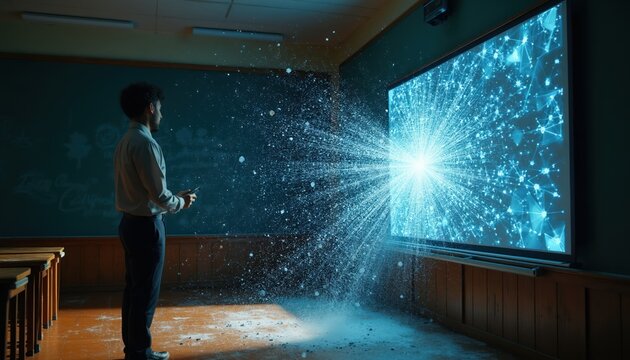 Teacher uses smartphone in classroom. Screen explodes with digital light particles. Chalkboard transforms into smart display, symbolizing tech education disruption and future learning.